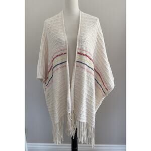 Love Stitch Open Front Cardigan Sweater One Size Cream Fringe Cotton Blend Boho